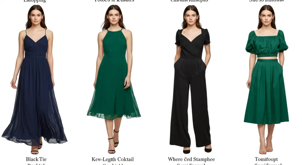 A display of various dress styles, showcasing different colors, patterns, and designs available for selection
