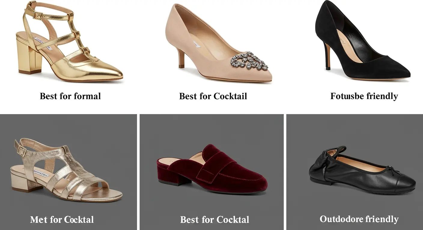 A selection of stylish women's shoes displayed on a wooden surface, showcasing various designs and colors.