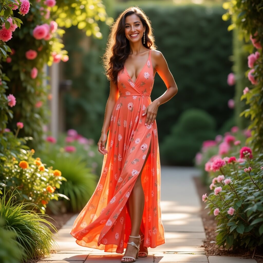 What to wear to a wedding as a guest female – summer coral maxi dress.