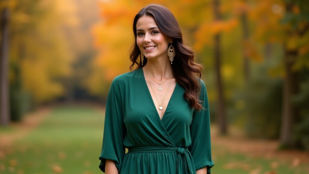 Fall wedding guest outfit – emerald green wrap dress with gold accessories.