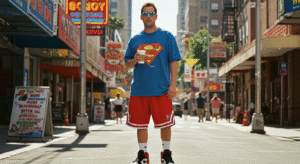 Model in iconic adam sandler superman outfit with Superman tee and basketball shorts, showcasing adam sandler outfits for 2025.