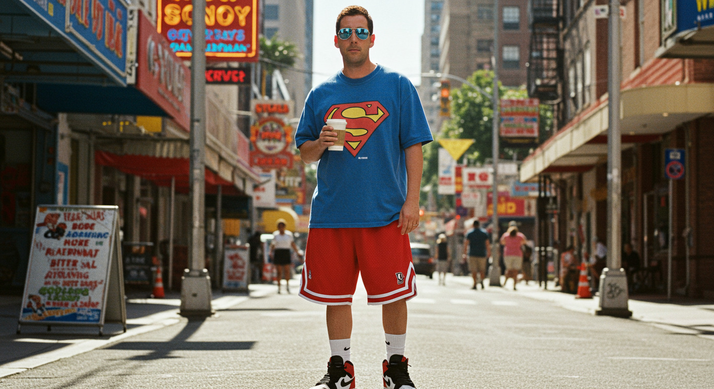 Model in iconic adam sandler superman outfit with Superman tee and basketball shorts, showcasing adam sandler outfits for 2025.