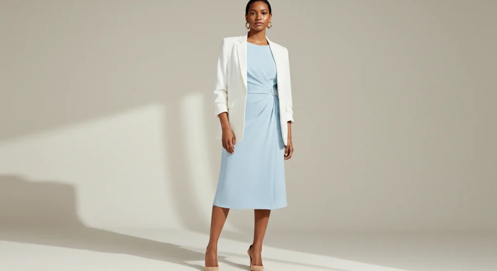 Light blue dress with nude heels for a chic look Light blue dress with nude heels for a chic look