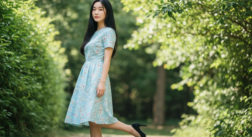 Light blue dress with nude heels for a chic look Light blue dress with black strappy heels for a sleek look