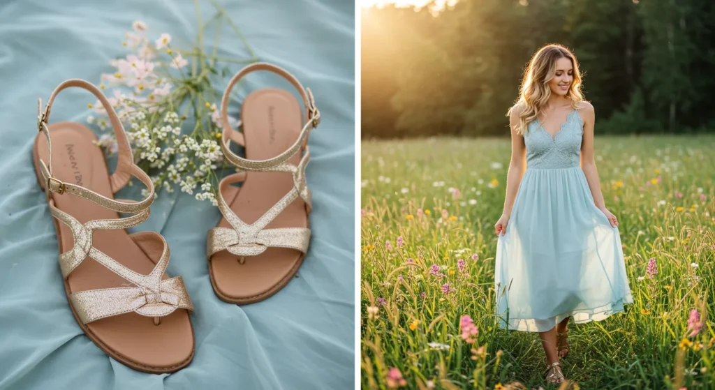 Light blue dress with nude heels for a chic look Light blue maxi dress with gold sandals for a luxurious outfit