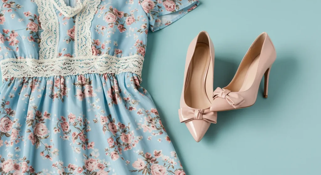 Light blue dress with nude heels for a chic look Light blue dress with blush pink flats for a romantic look