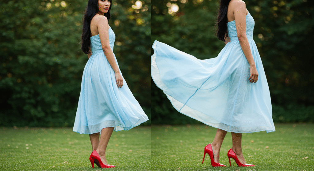 Light blue dress with nude heels for a chic look Light blue dress with red heels for a bold outfit
