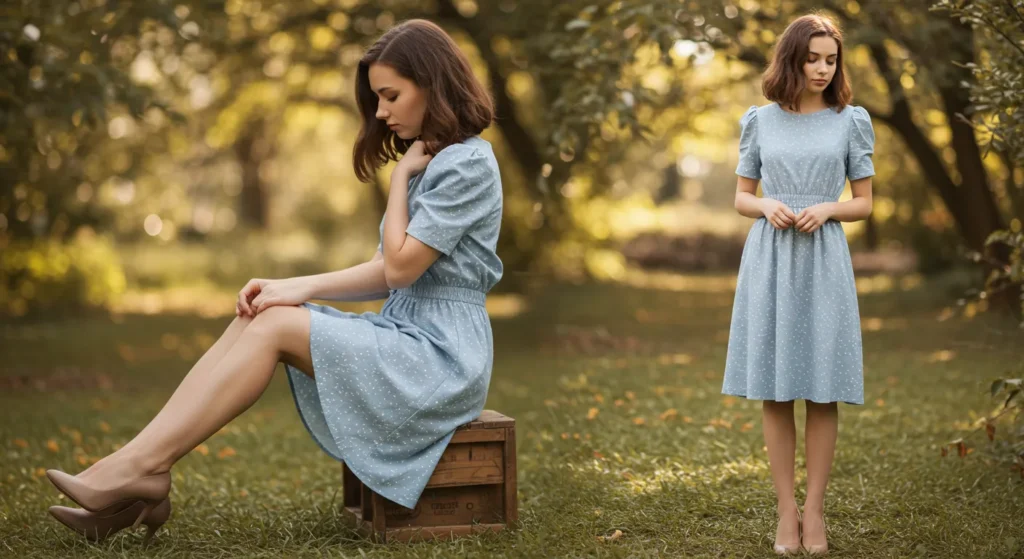 Light blue dress with nude heels for a chic look