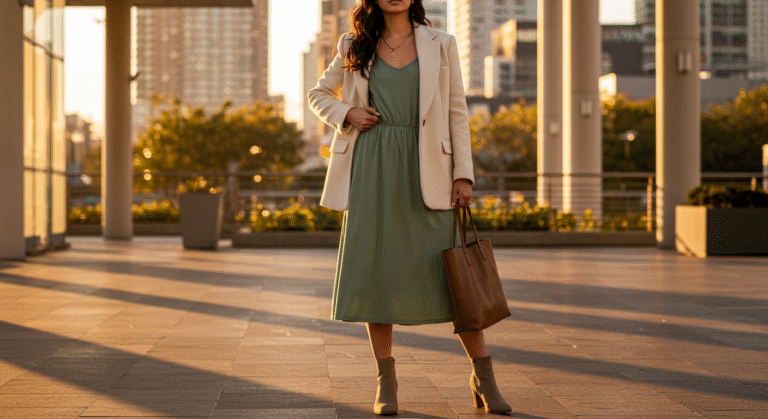 Woman modeling luuxly.com style with organic cotton dress and vegan leather boots in a chic urban setting.