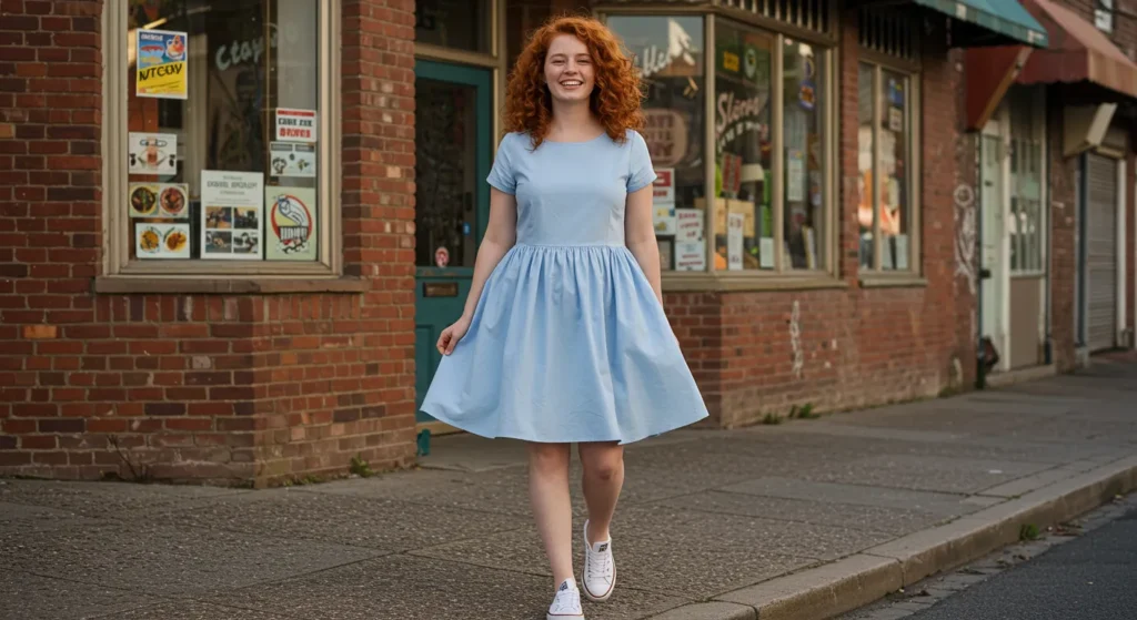 Light blue dress with white sneakers for a casual outfit