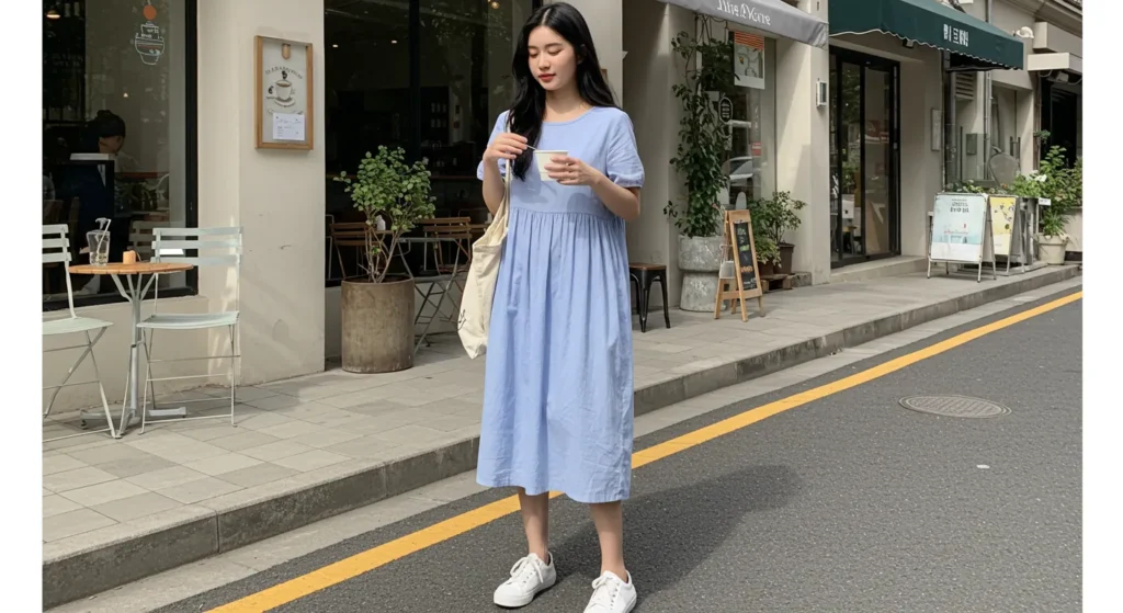Light blue dress with nude heels for a chic look Light blue dress with white sneakers for a casual outfit