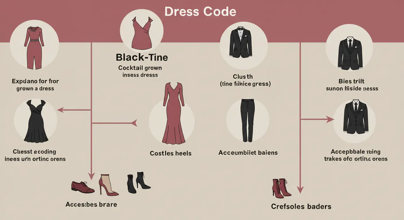 a black-tie gown vs. cocktail dress, tuxedo vs. blazer. Under each image, list acceptable accessories