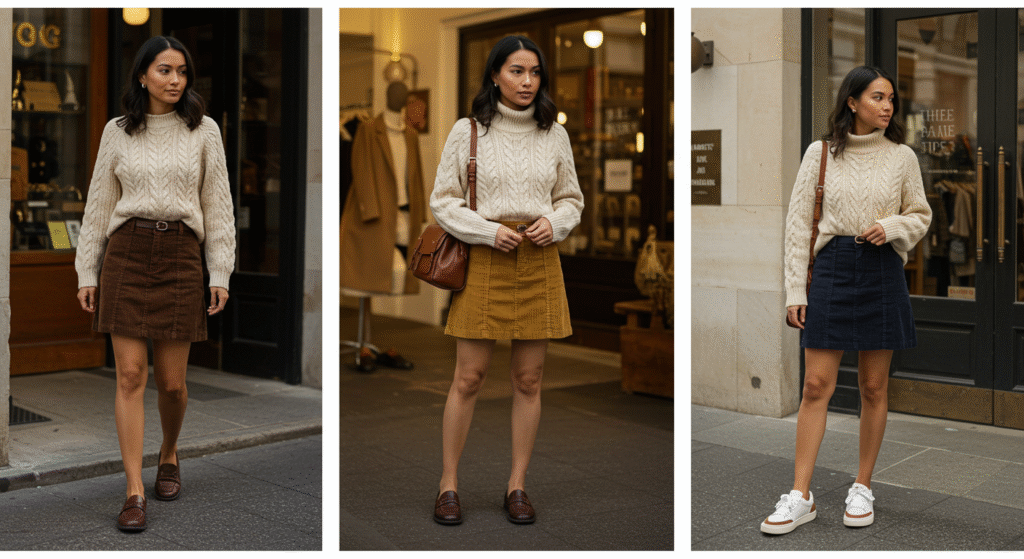 Preppy outfit ideas for fall 2025 featuring a corduroy skirt and sweater.