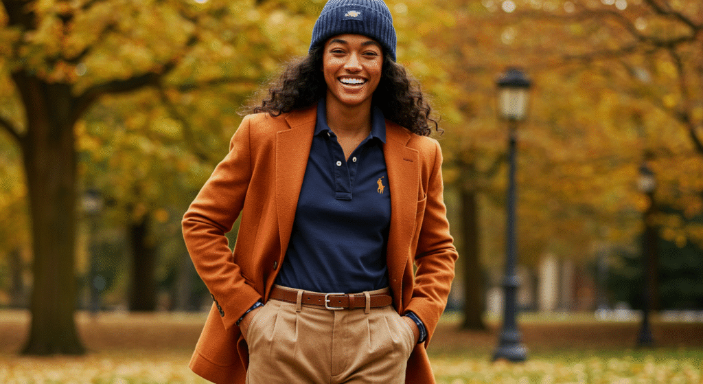 Preppy outfit ideas for fall 2025 Preppy outfits from Ralph Lauren featuring a polo and blazer.