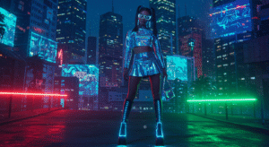 Young woman in a metallic Y3K outfit with holographic crop top and LED accessories, standing in a futuristic neon-lit cityscape, embodying 2025’s Y3K fashion trend