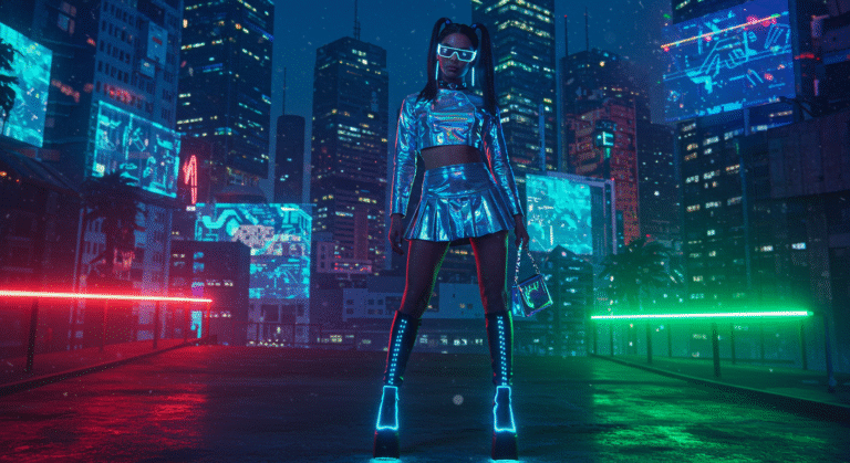 Young woman in a metallic Y3K outfit with holographic crop top and LED accessories, standing in a futuristic neon-lit cityscape, embodying 2025’s Y3K fashion trend