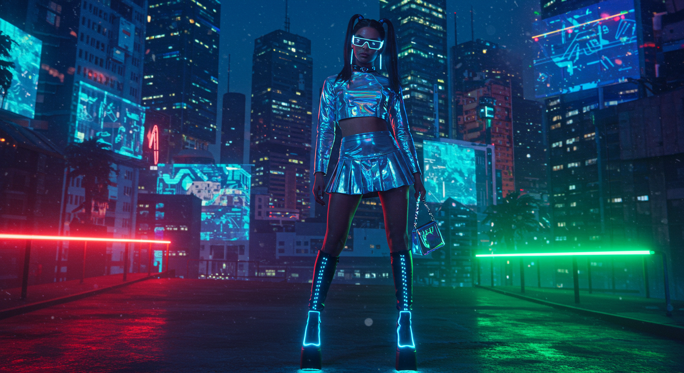 Young woman in a metallic Y3K outfit with holographic crop top and LED accessories, standing in a futuristic neon-lit cityscape, embodying 2025’s Y3K fashion trend