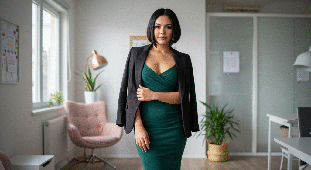 A woman in a chic midi dress and blazer, standing confidently in an office setting.