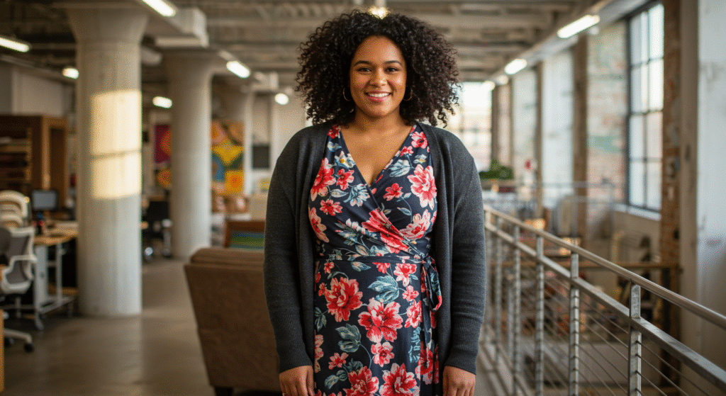 A woman modeling a wrap dress with a cardigan in a creative office. 11123