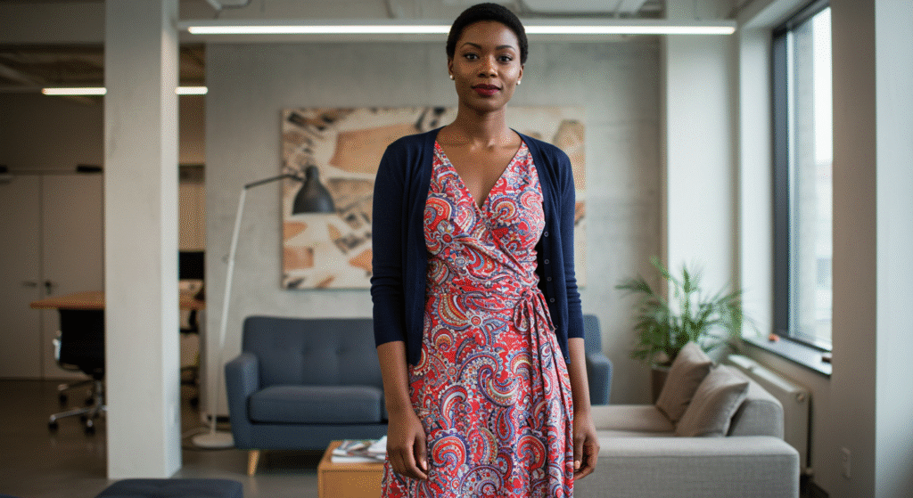 A woman modeling a wrap dress with a cardigan in a creative office.