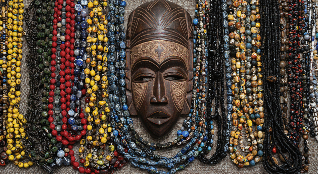 Colorful bead necklaces and mask